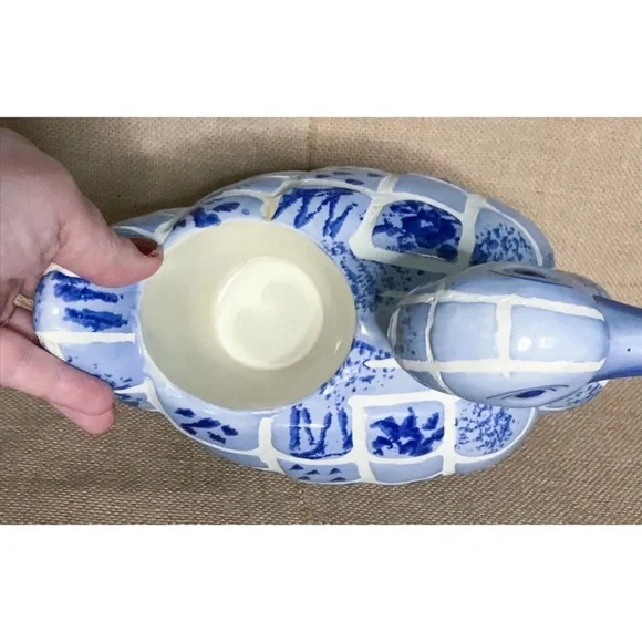 Blue White Tile Ceramic Duck Planter Candy Dish Rustic Country Cottage Farm Core - Picture 7 of 9